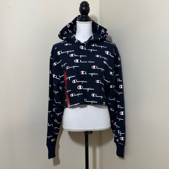 NWOT Champion Reverse Weave All Over Logo Print Crop Pullover Hoodie  Sz… - Picture 5 of 7